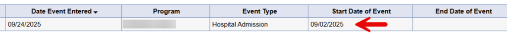 Event History list showing existing event records available for selection