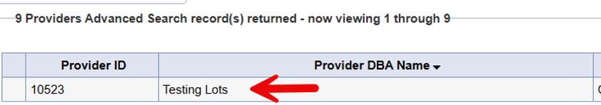 Provider list showing provider records to select from