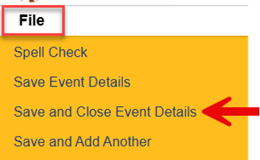 File menu expanded showing Save and Close Event Details option highlighted