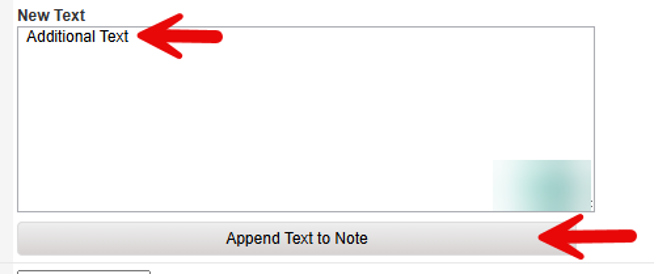 Event Details form showing New Text field and Append Text to Note button that must be selected when adding new text