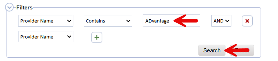 Provider search dialog with ADvantage typed in search field and Search button