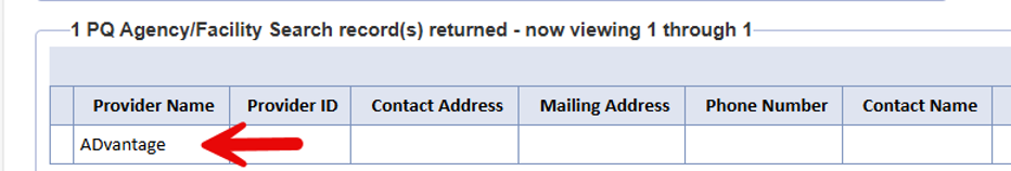 Provider search results showing ADvantage record to be selected