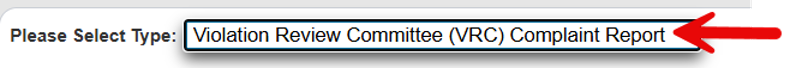 Documentation type selection showing Violation Review Committee (VRC) Complaint Report option
