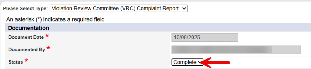 Document header showing Status dropdown with Complete option to be selected