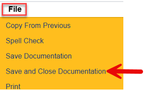 File menu expanded showing Save and Close Documentation option highlighted