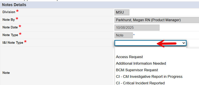 Add Note form showing I and I Note Type dropdown with available 