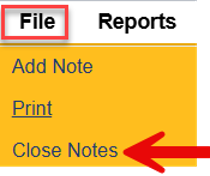 File menu expanded showing Close Notes option to exit the PQ Ticket