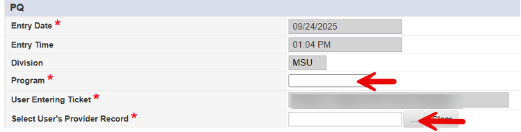 PQ form showing Program dropdown set to ADvantage and Select User's Provider Record field with three-dot button