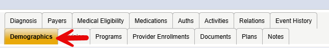 Harmony Member Record navigation tabs showing two rows of tabs including Diagnosis, Payers, Medical Eligibility, Medications, Auths, Activities, Relations, Event History, Programs, Provider Enrollments, Documents, Plans, and Notes, with a red arrow pointing to the Demographics tab.