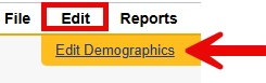 Menu bar showing File, Edit (highlighted), and Reports options, with a dropdown menu displaying “Edit Demographics” option and a red arrow pointing to it.