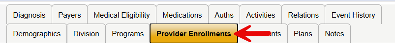 Harmony Member Record navigation tabs showing two rows including Diagnosis, Payers, Medical Eligibility, Medications, Auths, Activities, Relations, Event History, Demographics, Division, Programs, Documents, Plans, and Notes, with a red arrow pointing to the Provider Enrollments tab.