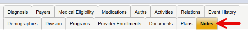 Harmony Member Record navigation tabs showing two rows including Diagnosis, Payers, Medical Eligibility, Medications, Auths, Activities, Relations, Event History, Demographics, Division, Programs, Provider Enrollments, Documents, and Plans, with a red arrow pointing to the Notes tab.