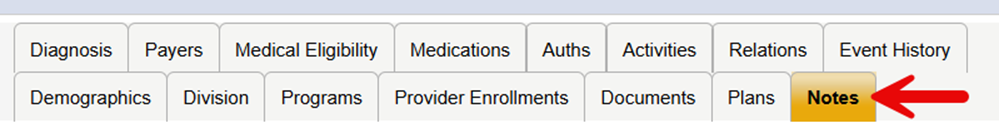 Harmony Member Record navigation tabs showing two rows including Diagnosis, Payers, Medical Eligibility, Medications, Auths, Activities, Relations, Event History, Demographics, Division, Programs, Provider Enrollments, Documents, and Plans, with a red arrow pointing to the Notes tab.