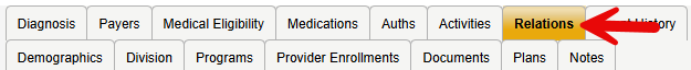 Harmony Member Record navigation tabs showing two rows including Diagnosis, Payers, Medical Eligibility, Medications, Auths, Activities, Event History, Demographics, Division, Programs, Provider Enrollments, Documents, Plans, and Notes, with a red arrow pointing to the Relations tab.