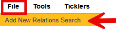 Menu bar showing File, Tools, and Ticklers options, with a red arrow pointing to “Add New Relations Search” option.