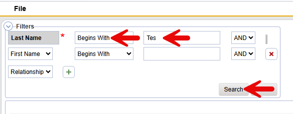 Relations Search Filters section showing Last Name field (required) set to “Begins With” with “Tes” entered (red arrows pointing to dropdown and text field), First Name field with “Begins With” dropdown, Relationship filter option, and a red arrow pointing to the Search button.