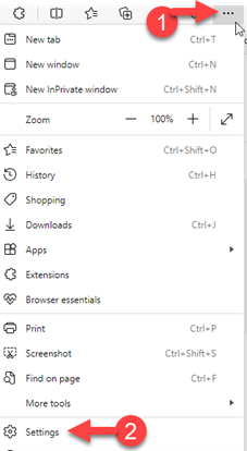 Microsoft Edge browser menu showing options including New tab, New window, New InPrivate window, Zoom, Favorites, History, Shopping, Downloads, Apps, Extensions, Browser essentials, Print, Screenshot, Find on page, More tools, and Settings. Red circled number 1 points to the three-dot menu icon in the toolbar, and red circled number 2 with arrow points to the Settings option.