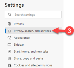 Microsoft Edge Settings page left navigation panel showing options including Profiles, Privacy search and services (with red circled number 3 and arrow pointing to it), Appearance, Sidebar, Start home and new tabs, Share copy and paste, and Cookies and site permissions.