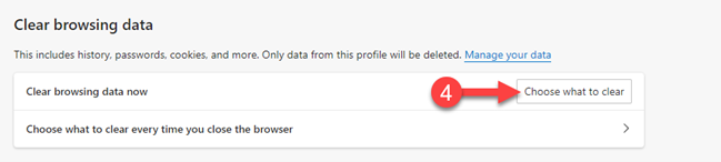 Microsoft Edge Clear browsing data section showing description “This includes history, passwords, cookies, and more. Only data from this profile will be deleted” with Manage your data link. Shows “Clear browsing data now” option with red circled number 4 and arrow pointing to “Choose what to clear” button, and “Choose what to clear every time you close the browser” option below.