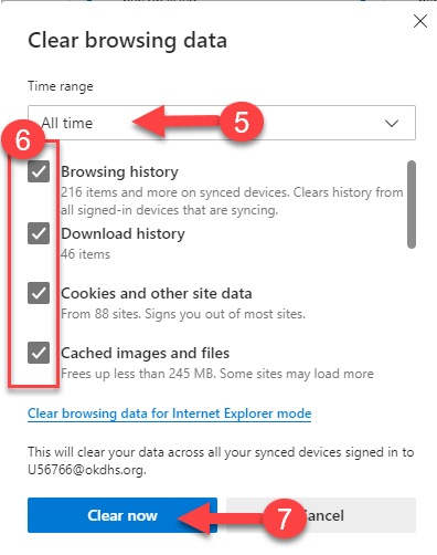 Microsoft Edge Clear browsing data dialog showing Time range dropdown set to “All time” (red circled number 5 with arrow), checkboxes for data types (red circled number 6 pointing to checkbox column): Browsing history (checked), Download history (checked), Cookies and other site data (checked), Cached images and files (checked). Shows link for “Clear browsing data for Internet Explorer mode” and note about clearing data across synced devices. Red circled number 7 with arrow points to “Clear now” button, with Cancel button beside it.