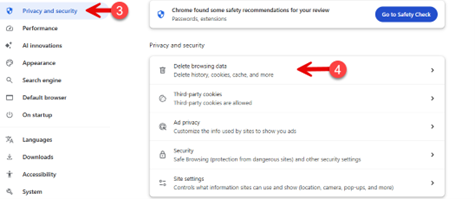 Google Chrome Settings page showing left navigation with Privacy and security option (red circled number 3 with arrow pointing to it), Performance, AI innovations, Appearance, Search engine, Default browser, On startup, Languages, Downloads, Accessibility, and System options. Main content area shows Chrome safety recommendations notification, and Privacy and security section with Delete browsing data option (red circled number 4 with arrow pointing to it), Third-party cookies, Ad privacy, Security, and Site settings options.