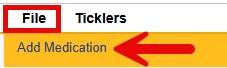 File menu expanded showing Ticklers option and a red arrow pointing to the Add Medication option.
