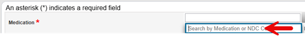 Medication lookup field showing placeholder text “Search by Medication or NDC Code” with a red arrow pointing to the search field.