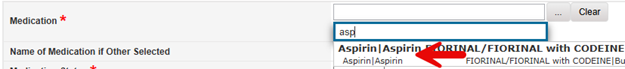 Medication search field with “asp” typed, showing dropdown results including “Aspirin|Aspirin” and “FIORINAL/FIORINAL with CODEINE” options, with a red arrow pointing to the Aspirin selection.