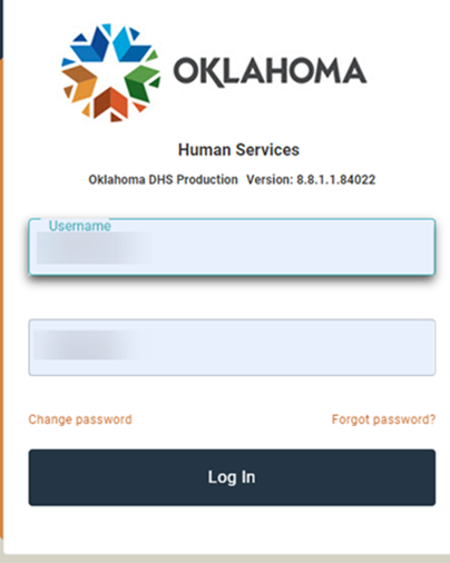 Harmony login screen showing Oklahoma Human Services logo, “Oklahoma DHS Production Version: 8.8.1.1.84022” text, Username field (highlighted), Password field, Change password and Forgot password links, and Log In button.