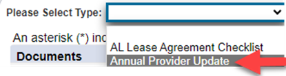 Document type selection dropdown showing “Please Select Type” label with dropdown expanded showing “AL Lease Agreement Checklist” and “Annual Provider Update” options (red arrow pointing to Annual Provider Update).