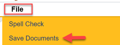 File menu expanded showing Spell Check and Save Documents options, with red arrow pointing to Save Documents.