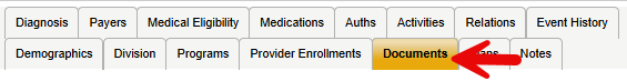Member Record tabs in Harmony with a red arrow pointing to the Documents tab.