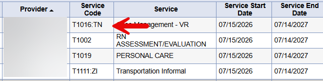 Planned Services table showing columns for Provider, Service Code, Service, Service Start Date, and Service End Date, with rows including T1016:TN Case Management - VR (red arrow pointing to it, 07/15/2026 to 07/14/2027), T1002 RN Assessment/Evaluation, T1019 Personal Care, and T1111:ZI Transportation Informal.