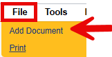 File menu in Harmony with a red arrow pointing to the Add Document option.