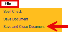 File menu in Harmony with a red arrow pointing to the Save and Close Document option.