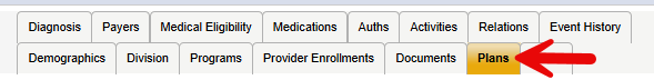 Member Record tabs in Harmony with a red arrow pointing to the Plans tab.