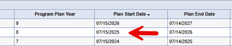 Plan list showing Program Plan Year, Plan Start Date, and Plan End Date columns, with a red arrow pointing to plan year 8 starting 07/15/2025.