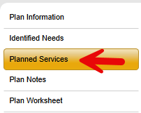Plan left navigation menu showing Plan Information, Identified Needs, Planned Services (highlighted, with red arrow pointing to it), Plan Notes, and Plan Worksheet options.