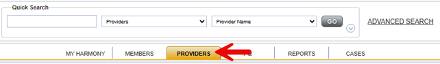 Harmony Quick Search bar above the main tabs (My Harmony, Members, Providers, PQ, Reports, Cases), with a red arrow pointing to the Providers tab.