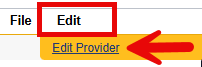 Harmony menu bar with a red box around the Edit menu and a red arrow pointing to the Edit Provider option.