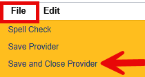 Harmony menu bar with a red box around the File menu and a red arrow pointing to the Save and Close Provider option.