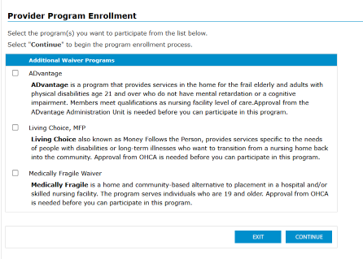 Provider Program Enrollment page titled Additional Waiver Programs with checkboxes for ADvantage, Living Choice (MFP), and Medically Fragile Waiver, each with a program description, and Exit and Continue buttons at the bottom.