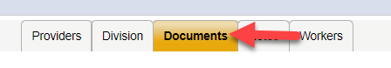 Provider record sub-tabs (Providers, Division, Documents, Notes, Workers) with a red arrow pointing to the Documents tab.