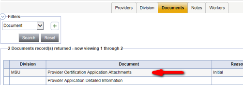 Documents list showing 2 records returned, with a red arrow pointing to the Provider Certification Application Attachments record.