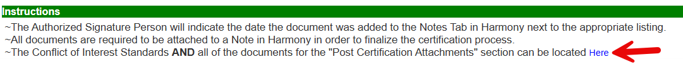 Instructions section explaining that the Authorized Signature Person indicates the date each document was added to the Notes Tab, that all documents must be attached to a Note in Harmony, with a red arrow pointing to the Here link for locating the Post Certification Attachments documents.