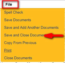 File menu with a red box around File and a red arrow pointing to the Save and Close Documents option.