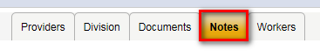 Provider record sub-tabs (Providers, Division, Documents, Notes, Workers) with a red box around the Notes tab.