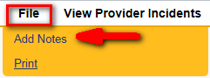 File menu with a red box around File and a red arrow pointing to the Add Notes option.