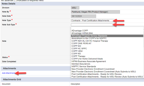 Notes Details fields with red arrows pointing to Note Type set to Contracts - Post Certification Attachments and the open Note Sub-Type dropdown list, and a red arrow pointing to the Add Attachment link.