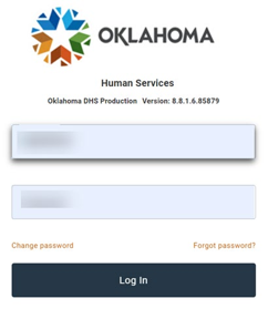 Oklahoma Human Services login page (Oklahoma DHS Production) with username and password fields, Change password and Forgot password links, and a Log In button.